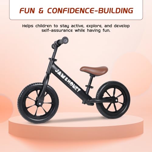 Image of Amazon Brand - Jam & Honey 12T Balance Bike for Kids | Adjustable Handlebar & Seat | Anti-Puncture Wheels | Max Weight 25 Kg | 2+ Years | Black