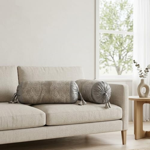 Image of SAJAVAT HOME Steel Grey Silk Bolster Cover for Sofa, Bed & Diwan (Pack of 1) 15x30 Inch | Soft Breathable Side Pillow Cover | Textured Round Pillow Cover for All Seasons