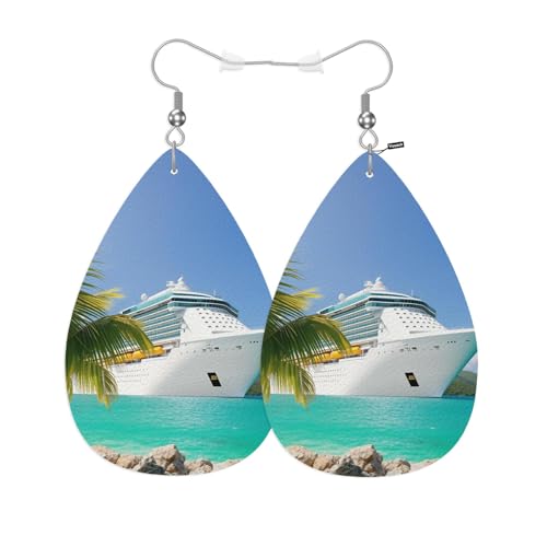 Vosach Sea Cruise Leather Teardrop Earrings Sailing Vacation Cruise Ship Tropical Summer Palm Beach Faux Leather Water Drop Earrings Jewelry For Women Friends Wedding