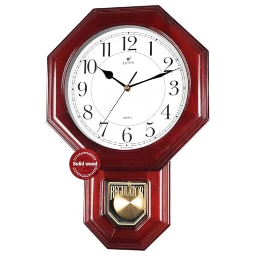JUSTIME Traditional Schoolhouse Solid Wood Pendulum Wall Clock Chimes Hourly with Westminster Melody Chime Made in Taiwan (Red Wood w/Westminster Chime)