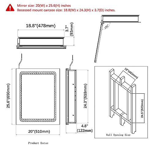 Fundin Lighted Medicine Cabinet With Led Light, Defogger, Dimmer, Outlet And Usb Charger, Recessed Or Surface Mount, Aluminum Material,20W X 25.6H Inch #TOP2