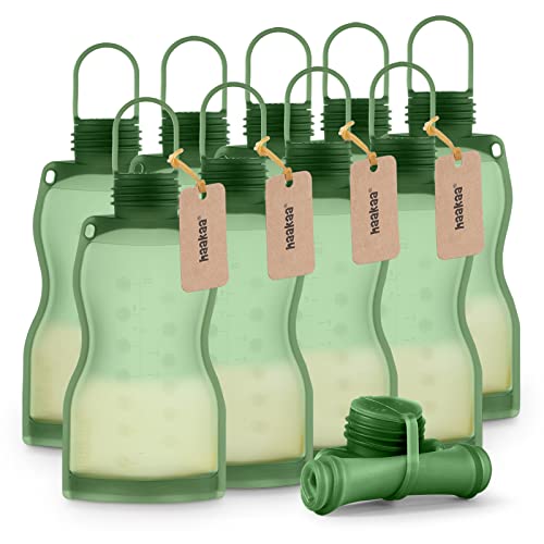 Image of haakaa Silicone Breast Milk Storage Bag 9 oz- Reusable Milk Collector Freezer Bag for Breastfeeding Mom - Baby Food Storing Yummy Pouch - Breast Pump Bag - Self Standing -Leakproof - 10PK