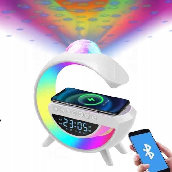 Generic G2388A Speaker with a smartphone wirelessly charging on its pad, showing time display