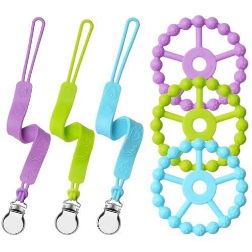 Image of Silicone Ring Teether and Pacifier Clip, Seposeve Pack of 3 Baby Pacifier Teether Clip for Babies 0-6 Months, Teething Ring Toys, Keeps Teethers Clean, 6-12 12-24 Months