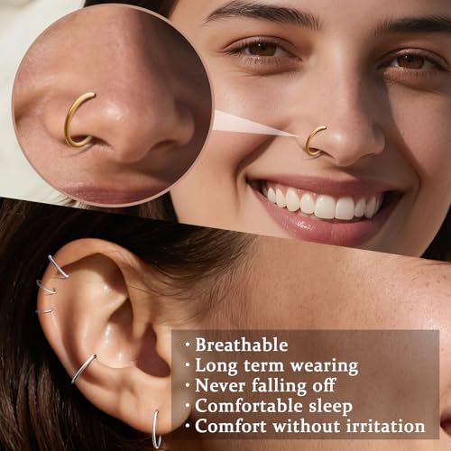 Hypoallergenic Nose Rings Hoops Set for Women Men: 8Pcs 18G Gold/Silver 316L Surgical Stainless Steel Nose Hoops Hinged Clicker Septum Rings for Nose Cartilage Body Piercing Jewelry 6mm 8mm 10mm 12mm4