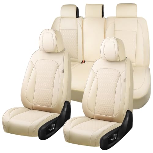 Image of Coverado Car Seat Covers Full Set, Leather Seat Covers for Cars, Waterproof Car Seat Protectors, Durable Front and Back Car Seat Cushions Automotive Seat Covers Universal Fit for Most Cars, Beige