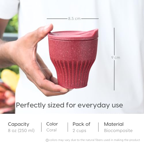 Image of Eha Earth Friendly Rafter Coffee Mug with Lid | Tea Cup Set | 250 ml | Made with Rice Husk | Microwave Safe Mugs for Gifting | 2 Unit | Coral