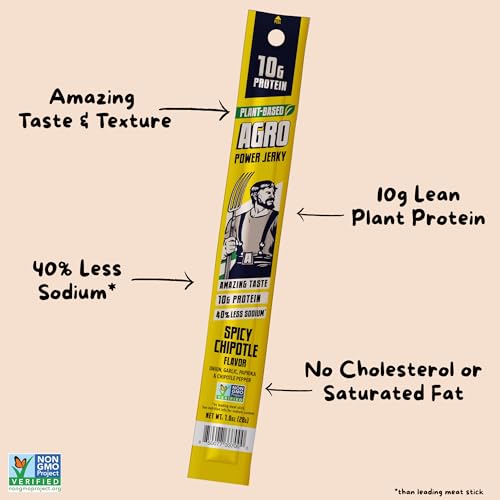 Image of Spicy Chipotle Vegan Jerky Sticks, High Protein Plant Based Snack, 7 Sticks | AGRO POWER Jerky Sticks, High Protein, Non-GMO, Low Sodium, No Cholesterol, Meatless Healthy Snack for Lunch, On-the Go Fuel