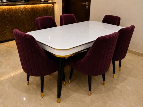 Image of WOODEN SPACE 6-Seater Wooden Dining Table Set | Nano Composite Marble Top | Solid Wood Base | Modern Dining Room Furniture with 6 Chairs (Maroon Infinity Backline)