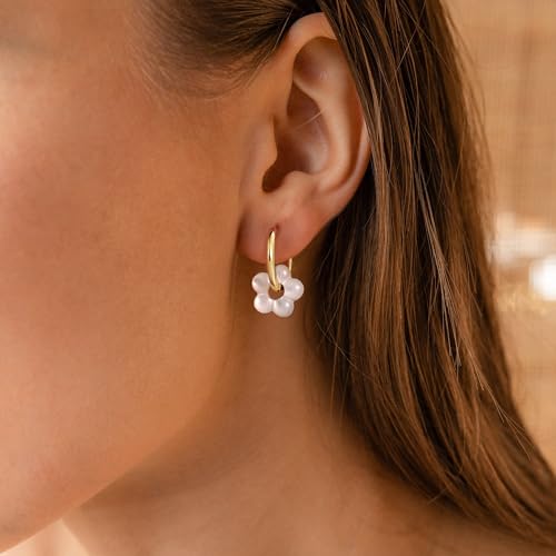 Gold Pearl Earrings For Women, 14K Gold Plated Pearl Drop Dangle Huggie Hoop Flower Earrings, Hypoallergenic Dainty Gold Earrings for Women Trendy Wedding Brides Jewelry Gifts2