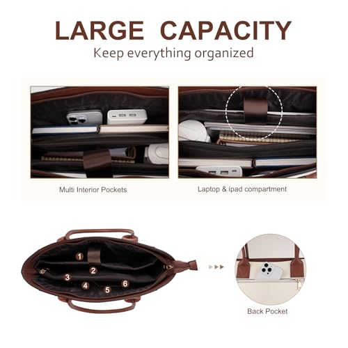 MOSISO Laptop Tote Bag for Women, 15.6 inch PU Leather Work Bag with Double Weave Strips & Clutch Purse, Waterproof Computer Briefcase Shoulder Handbag for Business Office, Brown3