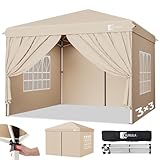 Sunula Pavillon 3x3 Wasserdicht Stabil Winterfest mit 4 Seitenwänden, Faltpavillon 3x3m mit Verdickten Röhren, Partyzelt Gartenpavillon Faltzelt für Camping Festival Party (Khaki)