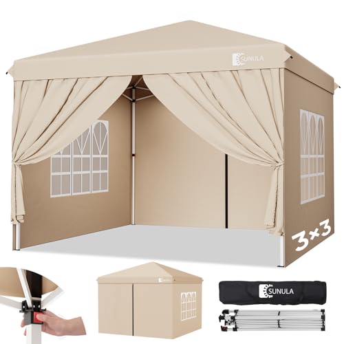 Sunula Pavillon 3x3 Wasserdicht Stabil Winterfest mit 4 Seitenwänden, Faltpavillon 3x3m mit Verdickten Röhren, Partyzelt Gartenpavillon Faltzelt für Camping Festival Party (Khaki)