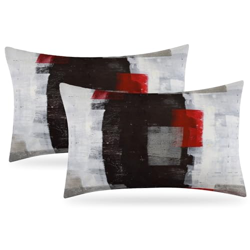 Alricc Juego de 2 fundas de almohada decorativas de arte abstracto rojo y gris, modernas, color blanco y negro, para dormitorio, sofá, sala de estar, 12 x 20 pulgadas