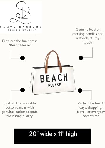 Image of Santa Barbara Design Studio Womens Tote - Cotton Canvas Shoulder Bag with Leather Handles and Waterproof Lining, Large, Beach Please