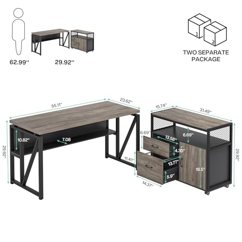 Image of Tribesigns Grey Executive Desk with Cabinet, 55 inch L Shaped Computer Desk and lateral File Cabinet with Locks, 2 Piece Home Office Furniture Set for Hanging
