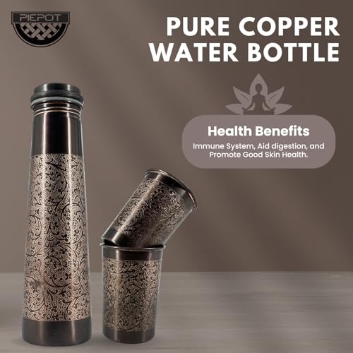 Image of Copper Water Bottle 1 Ltr | Copper Water Bottle with Glass Set | Meena Work | 100% Pure | Leak-Proof | 2 Water Glass 300ml each | Best for Gifting (Light House Design - Brown)