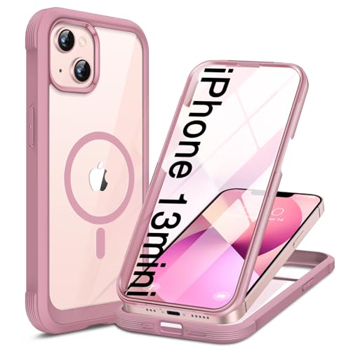 Image of Miracase for iPhone 13 mini Case 5.4 inch,Full-Body Protection,Clear Bumper Case with Built-in 9H Tempered Glass Screen Protector,Military-Grade Drop Protection Outdoor Phone Case for 13 mini,Dark Pink