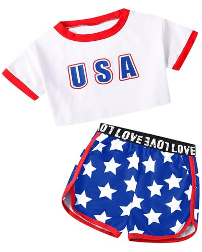 Image of Betusline Girls Summer 2 Piece Outfits,Kids Short Sleeve Crop Top & Shorts Set with Side Pockets