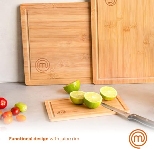 MasterChef Wooden Chopping Board Set of 3, Bamboo Cutting Boards for Kitchen, Reversible Wood Boards with Juice Grooves in Small, Medium & Large Sizes, 23cm x 15cm, 34cm x 23.5cm, 38cm x 27.5cm