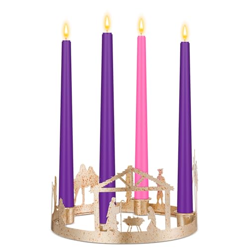 Willinglong Nativity Scene Christmas Advent Candle Holder Christian Holy Family Advent Wreath Holder Metal Nativity Vintage Jesus Candleholder for Xmas Religious Supplies Table Decor(4 Candle Cup)