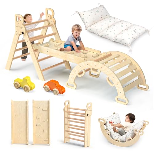 Image of BlueWood Pikler Triangle Set with Cushion - Climbing Toys for Toddlers 9-in-1, Montessori Philosophy Play Jungle Gym with Arch, Ramp, Ladder (Natural Color)