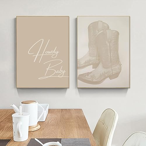 Image of JCSMHVLA Aesthetic Trendy Howdy Baby Wall Art Cowgirl Boots Poster Preppy Aesthetic Painting Cowboy Boots Poster Howdy Canavs Picture Cowgirl Picture for College Dorm Painting 12x16inchx2PCS No Frame