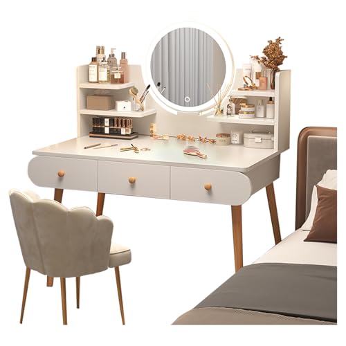 Eyawe 化粧台 引き出し付きの丸みを帯びた鏡付きコーナーデザイン 頑丈で耐久性のある多目的拡大デスクトップ無垢材テーブル脚 花びらの柔らかいスツール付き (100*40*120cm,ホワイト+LEDライト+いす)