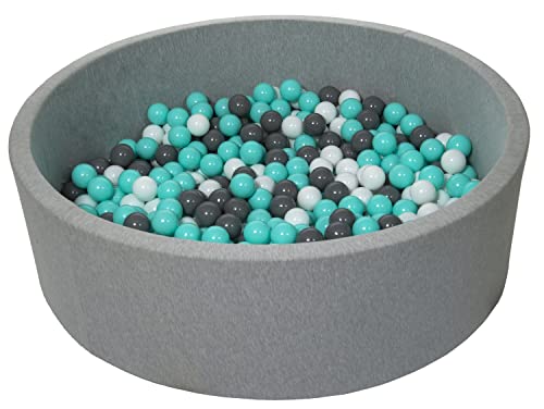 Velinda Piscine a balles pour Enfant, diametre env.125 cm, Aire de Jeu + 600 balles (Couleurs des balles: Blanc, Gris, Turquoise)