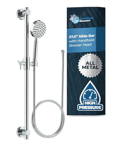 HammerHead Showers® ALL METAL 27.5 Inch Shower Slide Bar Set and Handheld Shower Head with Hose — CHROME — 2.5 GPM High Pressure Spray Wand — Easily Adjust Height & Angle of Handshower