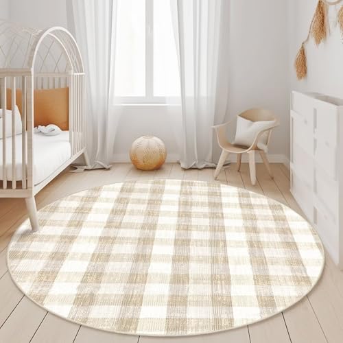 Image of Checkered Area Rug, 4 Ft, Round, Beige | Washable, Non Slip, Modern Neutral, For Living Room Bedroom Office Patio Dining Room