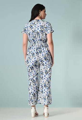 Image of Womens Summer Jumpsuits, Floral Printed Short Sleeve High Waisted Pockets V-Neck Beach Vacation Outfits