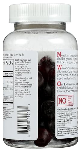 Image of Garden of Life Kids Immune Support Gummies with Vitamin C, D as D3 & Zinc for 3-in-1 Daily Children's Immunity - Organic, Non-GMO, Gluten-Free, Vegetarian, Sugar Free, Cherry Flavor, 30 Day Supply