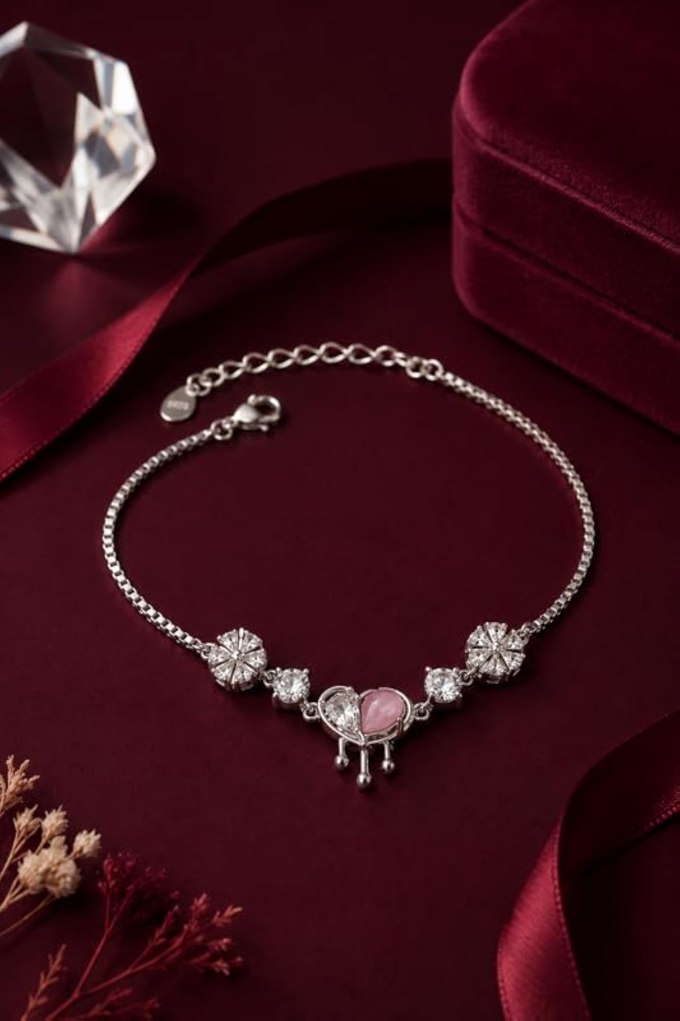 Women's 925 Sterling Silver Two-Tone Heart Bracelet, Adjustable