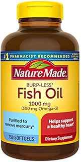 Nature Made Burp Less Fish Oil 1000 mg Softgels, Fish Oil Supplements, Omega 3 Fish Oil for Healthy Heart Support, Omega 3 Supplement with 150 Softgels, 75 Day Supply