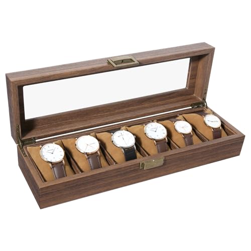 Uten Watch Box 6 Slots, Watch Case Organizer with Real Glass Lid, Wood Grain PU Leather Watch Display Storage Box with Removable Imitation Suede Watch Pillows, Metal Clasp