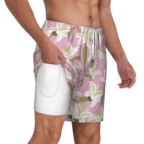 Lilies Flowers Light Pink Funny Men's Swim Trunks Board Shorts Quick Dry-3