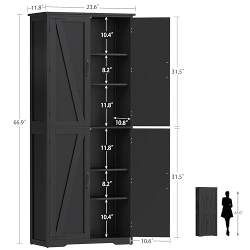 Image of TEENFON Tall Storage Cabinet, Kitchen Cabinet with 4 Shelves, Adjustable Shelves, Pantry Cabinets with 4 Barn Doors, Tall Kitchen Cabinets for Dining Room, Living Room, Black