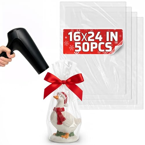 16x24" Heat Shrink Wrap Bags for Gift Baskets – 50 Pcs Clear Gift Basket Wrap Works with Hair Dryer at Medium Temperature – Suitable for Packaging and Storage Clothing