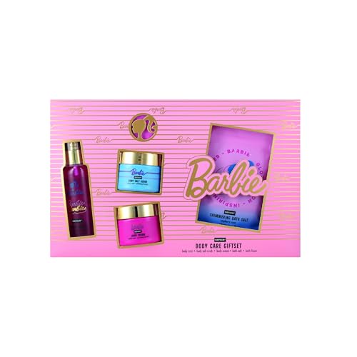 Barbie Set de regalo de 5 piezas, vegano, set de cuidado corporal con Body Mist, exfoliante corporal, crema con aloe vera y glicerina, sales de baño, bomba de baño, cuidado suave cosmético para la