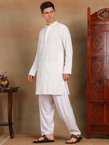 Image of See Designs Men's Full Sleeve Mandarin Collar Chikankari Embroidered Straight Kurta with Salwar