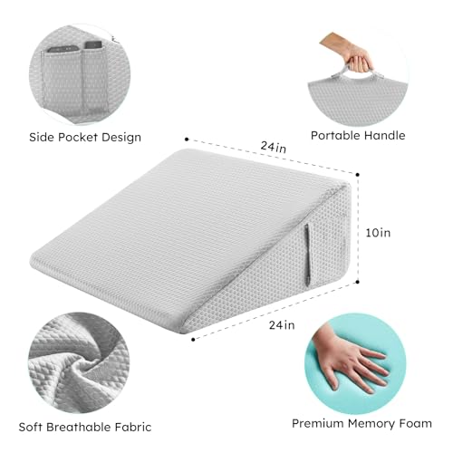 Image of Bedluxe Wedge Pillow, 10 inch Bed Wedge Pillow for Headboard, Pillow Wedge for Acid Reflux Relief, Sleeping, After Surgery, Snoring, Gerd, Triangle Pillow Wedge - Cooling Memory Foam Top, Light Grey