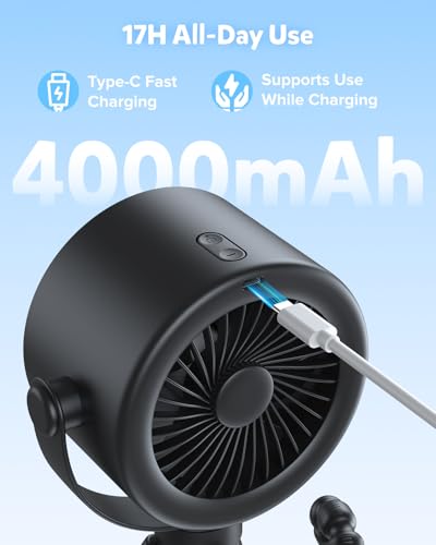 Image of AMACOOL Baby Stroller Fan, Rechargeable Portable Clip on Fan, 17H Cooling | LED Display, 360Rotate, 5 Speeds Personal Cooling Fans for Car Seat, Crib, Travel, Camping, Baby Essentials Registry Gifts