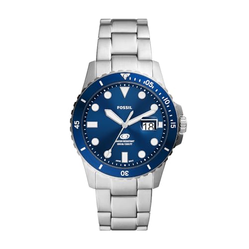Fossil Blue uhr für Herren, Quarzwerk mit Edelstahl- oder Lederarmband, Silberton und Blau, 42MM
