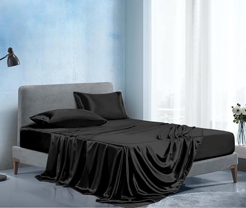 Image of Soft and Silk Satin Bedsheet for Double Bed - 400 TC Romantic Bedsheet Set for Bedroom | Bridal Wedding Bedsheet with Pillow Cover | Ideal for Gifting Black, Double Bed