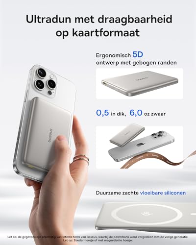 Baseus Picogo AM41 Power Bank, 10.000 mAh Qi2 Magsafe Powerbank, Ultra Slim, 15 W draadloos, PD 27 W snel opladen, magnetische externe batterij voor iPhone 17/16/15/14/13/12, Titanium - Afbeelding 3