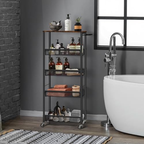 LIANTRAL Carrito de almacenamiento delgado, carrito de almacenamiento de cocina, estantería de cocina con ruedas de 5 niveles, carrito estrecho móvil con mesa de madera para baño, lavandería, lugares - imagen 7