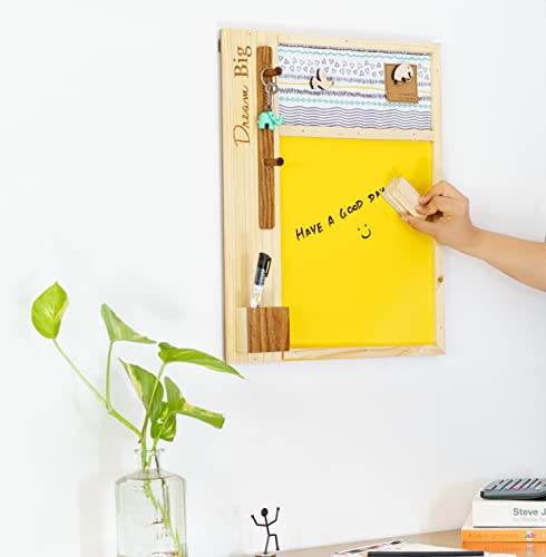 IVEI Dry Erase Yellow Board with Magnetic Board, Pen Stand and Key Hooks| Mutli Utility Combination Board for Home, Office| Utility Wall Décor | Engraved Moti