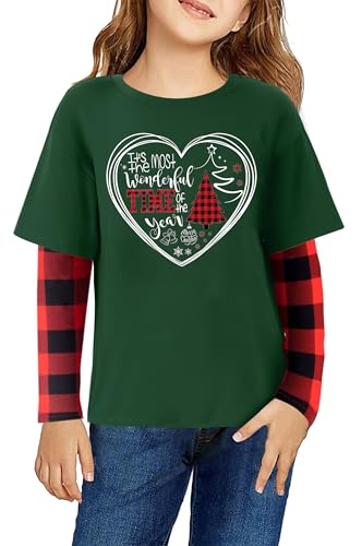 Christmas Shirts for Kids Girls Boys Christmas Tree Graphic Tee Xmas Long Sleeve Stripe Plaid Tops