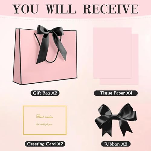 Image of JMANNI Mothers Day Gift Bags with Handles, 13 inch Medium Gift Bag for Presents, 2 Pcs Bags with 4 Tissue Paper and 2 Cards for Baby Shower Wedding Bridal Shower Mother's Day Birthday Party(Black-Pink)
